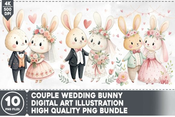 Couple Wedding Bunny PNG Bundle: Charming Designs for Every Project