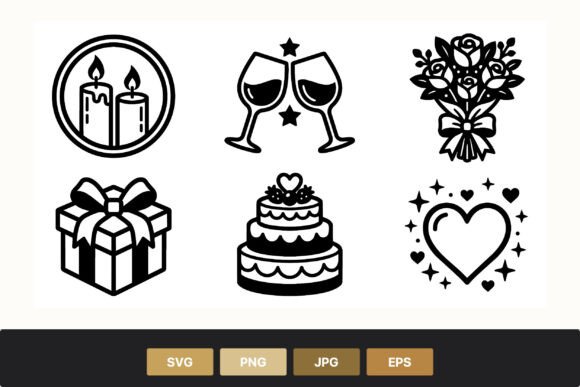 Wedding Cake Heart Bouquet Vector Icons for Event Branding