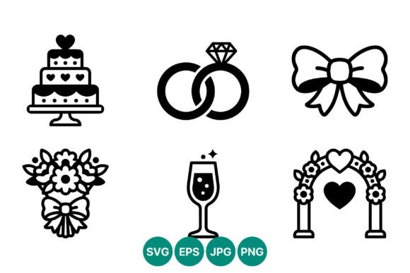 Wedding Cake Rings Bow Bouquet Icons for Elegant Design